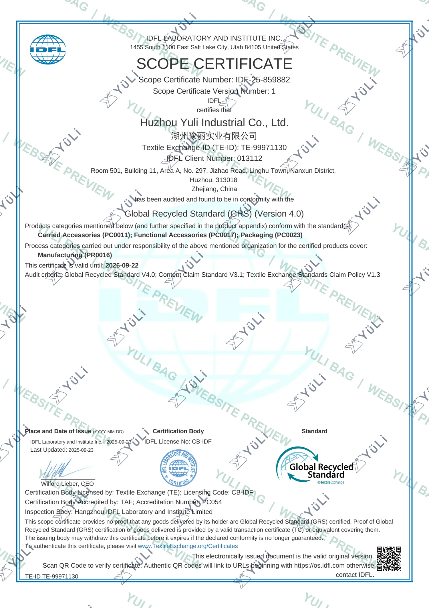 Watermarked page 1 of Yuli Bag's GRS Scope Certificate