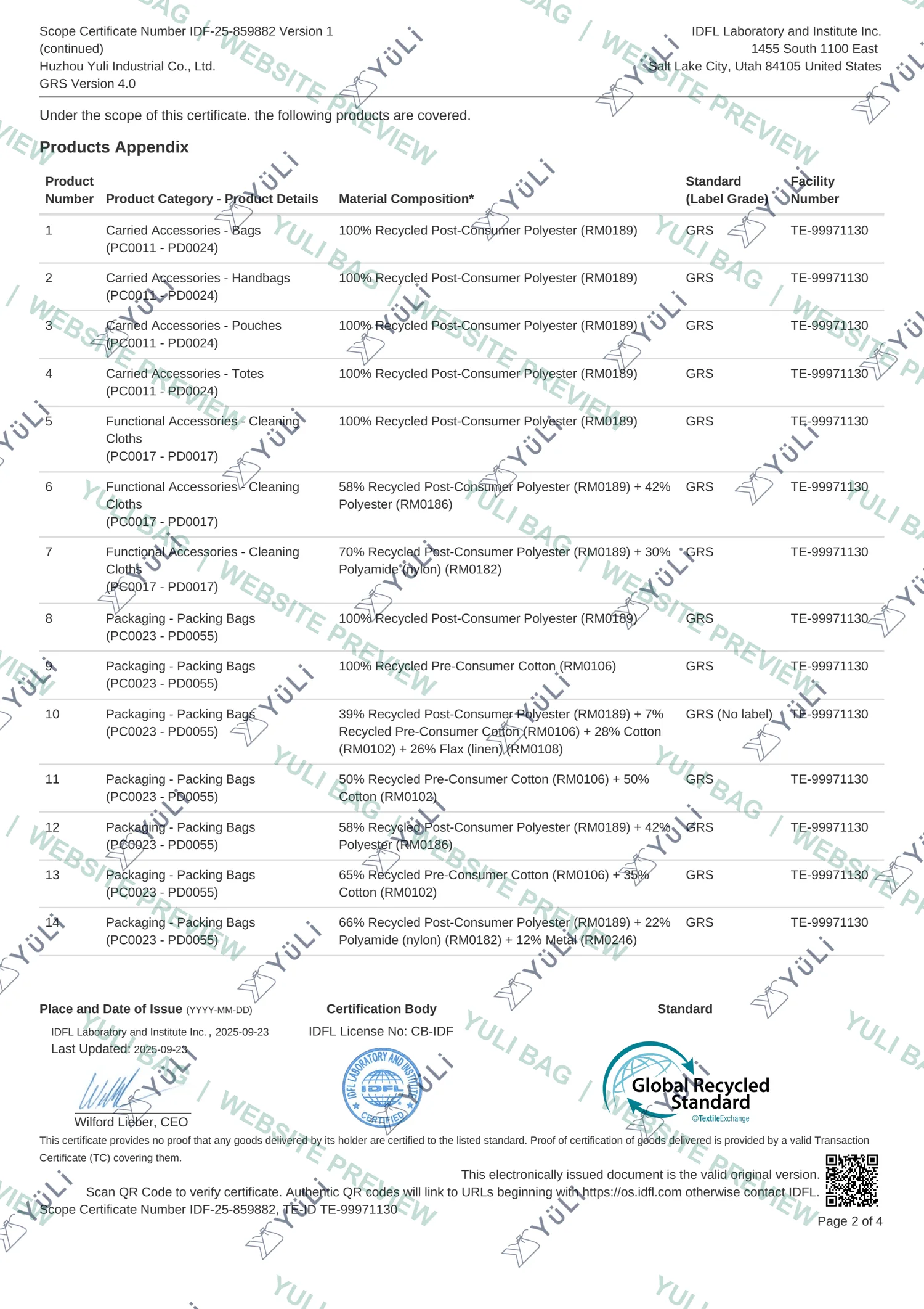 Watermarked page 2 of Yuli Bag's GRS Scope Certificate