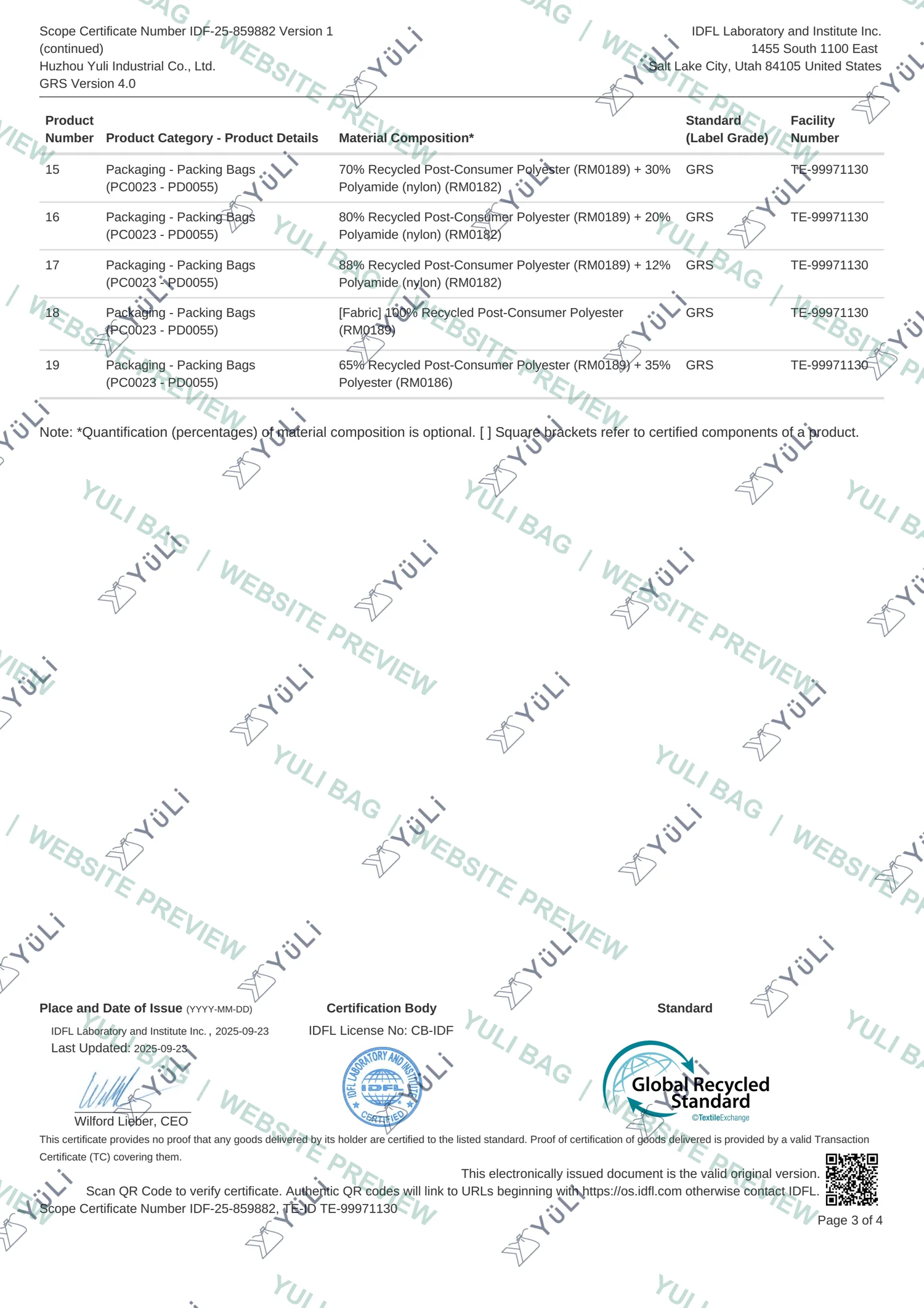 Watermarked page 3 of Yuli Bag's GRS Scope Certificate