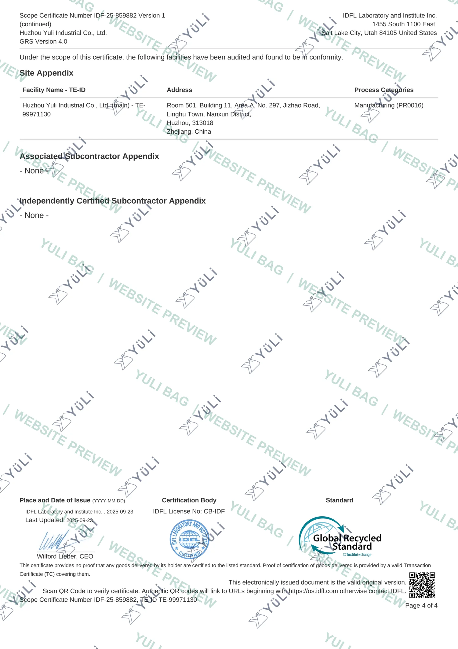 Watermarked page 4 of Yuli Bag's GRS Scope Certificate
